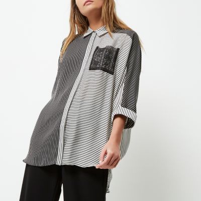 Cream contrast stripe print longline shirt